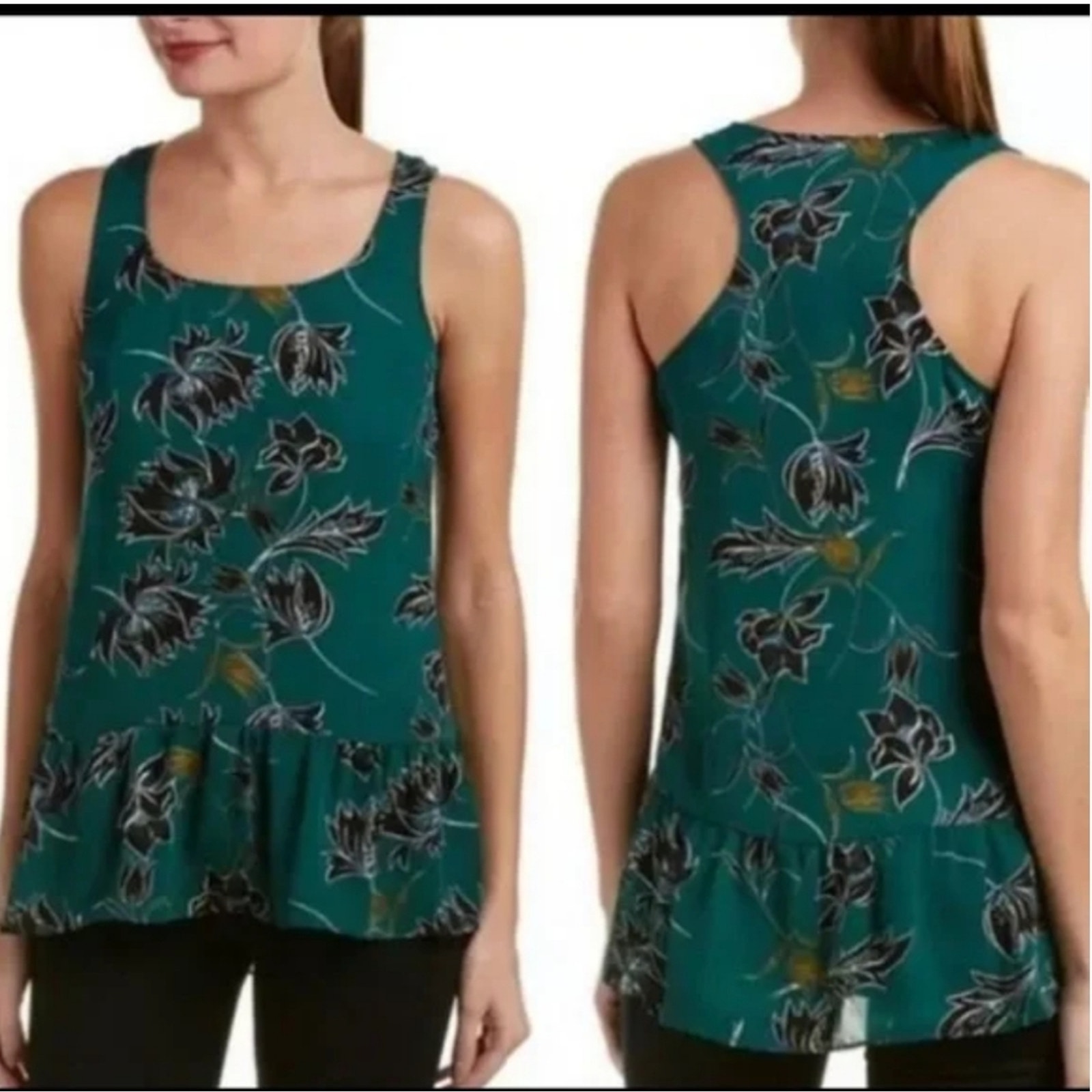 Cabi Zoe Falling Flowers Emerald Green Floral Racerback Top Small